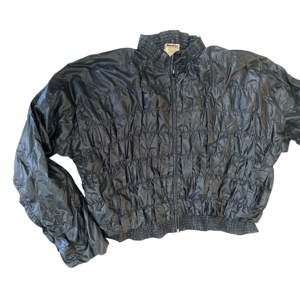 Vintage Changing Scene Unisex Black Nylon Bomber Jacket Size L Ruched 80s - Picture 3 of 10